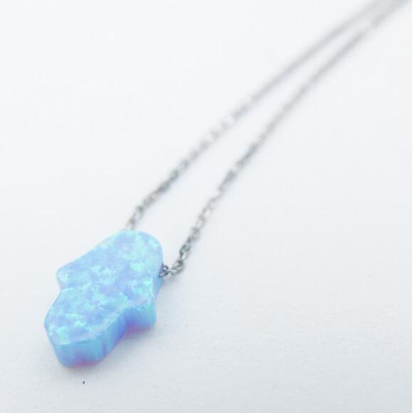Blue Flash Opal Hamsa Silver Necklace Pendant Unique Protection Power Strength - Picture 1 of 7